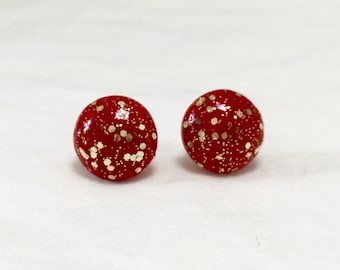 Red and Gold Earrings / Holiday Stud Earrings / Red Stud Earrings / Round Red Earrings / Glitter Earrings / Minimalist Studs / Party Jewelry