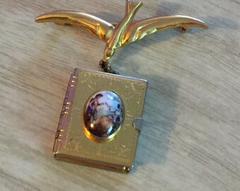 Vintage Bird Photo Locket Brooch