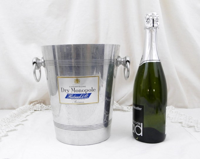 Tall Vintage French Mid Century Metal Champagne Ice Bucket / Cooler Heidsieck & Co with 2 Handles, Chateau Chic Decor, Celebration, Eparnay