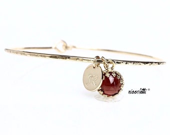 Genuine Garnet Charm Bangle / January Birthstone Bracelet / Gold Gemstone Jewelry / January Birthday Gift for Mom / Mothers Jewelry