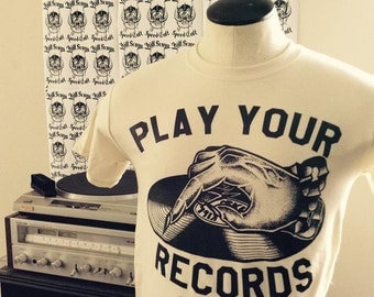 play your records backwards natural white t shirt vinyl record lp punk doom metal classic rock n roll patch leather biker satan black player