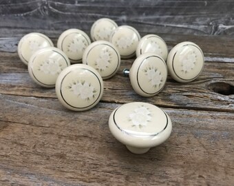 11 Dresser Drawer Knobs Pulls, Cream Floral-Flower Silver Ceramic-Porcelain Cabinet/Drawer/Door Pulls/Knobs, Vintage Hardware,Shabby Chic