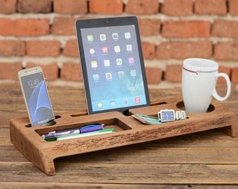 Wooden Desk Organizer, Office organizer, Phone station, Solid wood iPhone holder, Desk accessories, Office storage, Gift for him