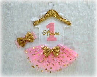 Baby Girl First Birthday Outfit, Pink and Gold Polka dot Glitter with Custom Name, Tutu Headband Set, Short and Long Sleeve Bodysuit Tshirt