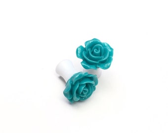 SALE 6mm (2g) Teal Rose Ear Plugs