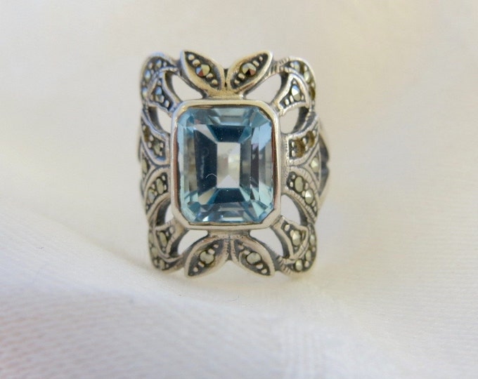 Sterling Aquamarine Ring, with Marcasites, Emerald Cut Aquamarine Stone, Size 6.5