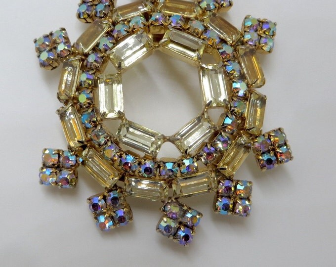 Rhinestone Brooch, Vintage Aurora Borealis Pin, Yellow Baguette Stones, Vintage 1960s Jewelry