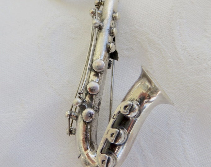 Vintage Sterling Saxophone Brooch, Highly Detailed Saxophone Pin, Musical Instrument Jewelry