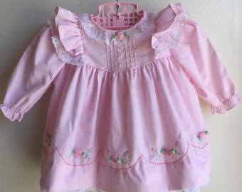 VTG Baby Girl Dress Pink Lace Roses Sz 6-9M