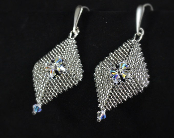 Rhombi earrings swarovsky glitter tights woven from small beads silver crystal beads swarovski earrings crystal marriage ceremony wedding
