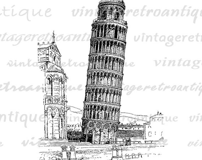 Digital Leaning Tower of Pisa Graphic Download Image Printable Antique Clip Art Jpg Png Eps HQ 300dpi No.3077