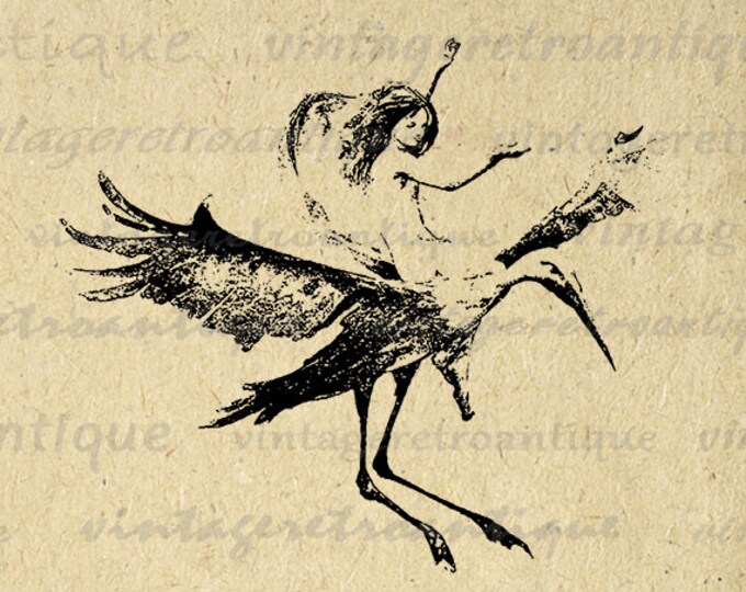 Printable Angel Riding Bird Digital Image Download Graphic Vintage Clip Art Jpg Png Eps HQ 300dpi No.352