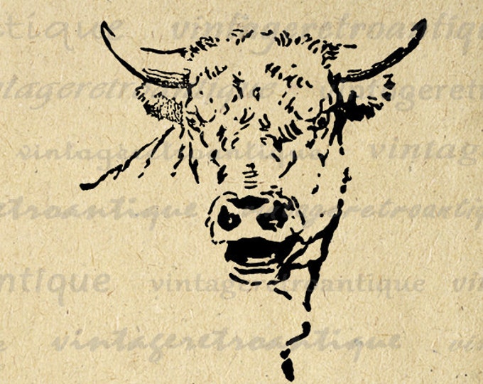 Digital Mad Cow Bull Image Graphic Horns Printable Animal Download Antique Clip Art Jpg Png Eps HQ 300dpi No.873