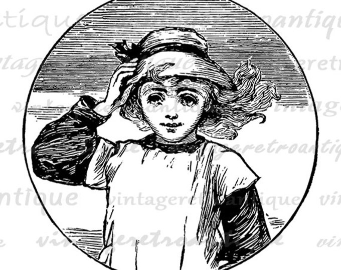 Printable Image Girl with Hat Graphic Download Antique Illustration Digital Vintage Clip Art Jpg Png Eps HQ 300dpi No.2415