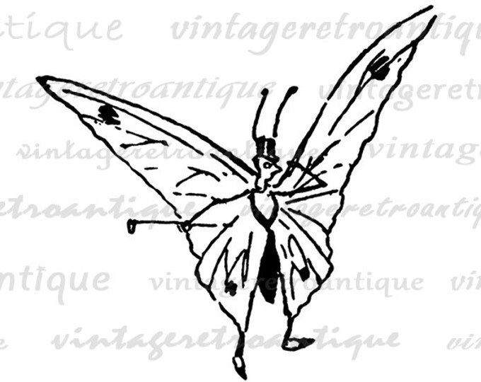 Printable Image Butterfly with Top Hat Digital Graphic Download Vintage Clip Art for Transfers Printing etc HQ 300dpi No.1878