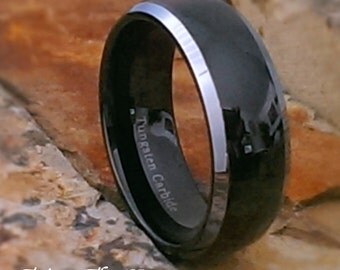 8mm Mens Tungsten Carbide Black Dome with Silver Edges High Gloss Finish Comfort Fit Personalized Mans Wedding Band - Size 7 - 15 AZ27