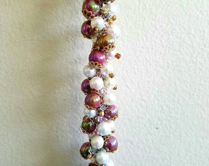Pink Gold White Beaded Cluster Chain Dangle Toggle Bracelet