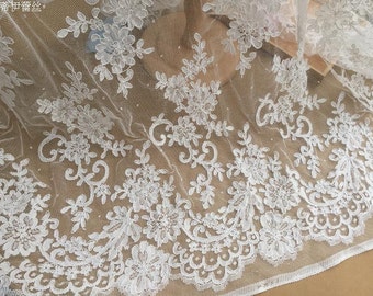 SALE Ivory Bridal Lace Fabric Retro Cotton Floral Embroidered