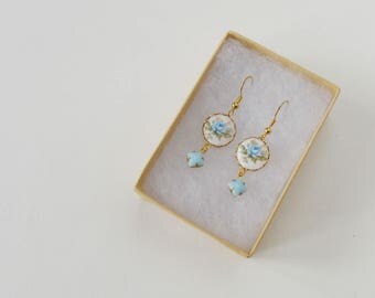 Blue rose dangle earrings, vintage rose drop earrings