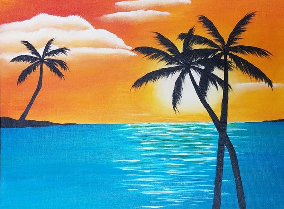 Items similar to Palm tree seascape acrylic, giclee print, abstract art ...