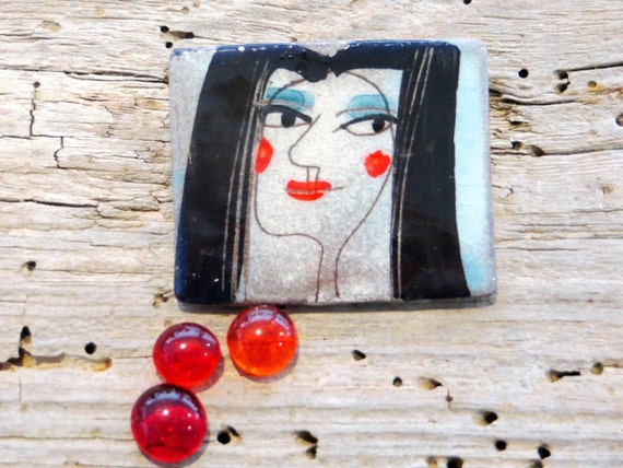 Black + White Woman with red cheeks - Ceramic Brooch Pin Jewelry Brooch Modern Ceramic Jewelry Unusual Brooch