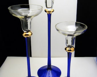 Set of 3 Cobalt Blue Crystal Candle Holders