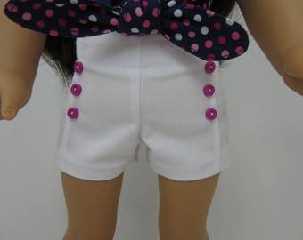 18 inch doll clothes - White pin tuck shorts with fuchsia buttons.