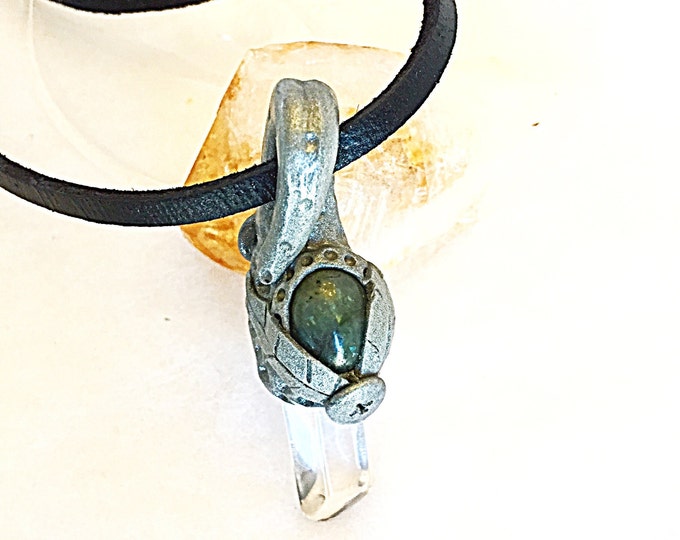 Labradorite and Crystal Quartz Silver Woodland Pendant on Black Leather Choker, Sparkly Gray and Green Labradorite and Quartz