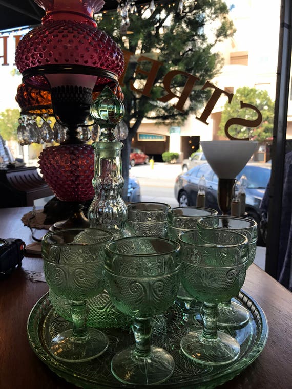 Indiana Tiara Glass Chantilly Green 9 Piece wine decanter, glasses and plate