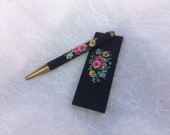 Petit Point Floral Pencil And Note Pad, Black Fabric, Purse-Sized Set, Matching Mechanical Pencil, Roses, Flowers, Made In Western Germany