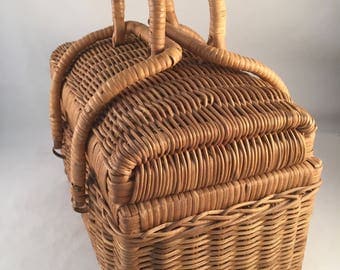 Vintage Wicker Sewing Basket with Unique Interlocking Over the Top Handles