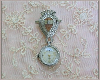 RESERVED for Shiron - Vintage Rima Swiss Rhinestone Lapel Watch Pin - Mechanical Wind Up Watch Broochf