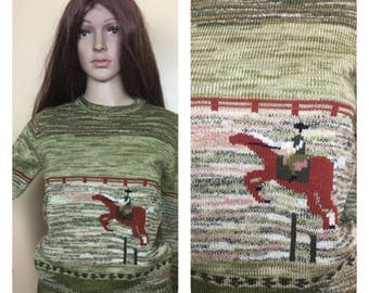 Vintage 70s Sweater ,1970s space dyed Sweater ,Horse sweater, hippie equestrian. S