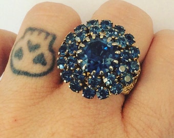 Vintage Adjustable Rhinestone Ring in Blue and Gold Tone