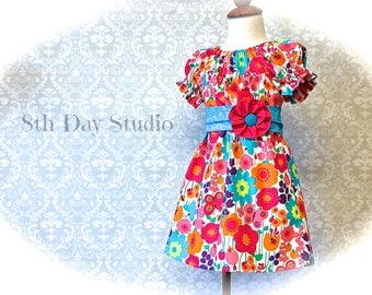 Toddlers Peasant Dress, 3T Only, Bright Floral Print, Ready to Ship by 8th Day Studio