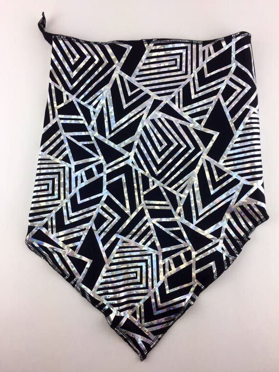 Holographic Silver Geometric Print on Black Spandex Bandana w/ Hidden Stash Pocket