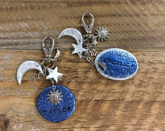 Personalized keychain, Personalized Polymer Clay Keychain, Sun, Moon, Star, Charms, Personalized Keyring, Custom Keychain, Custom Keyring,