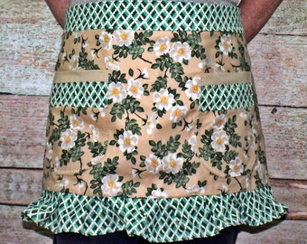 Hostess Apron - Apron with Pockets - Half Apron - Green Floral Apron - Ruffled Apron - Ladies Half Apron - Women's Half Apron