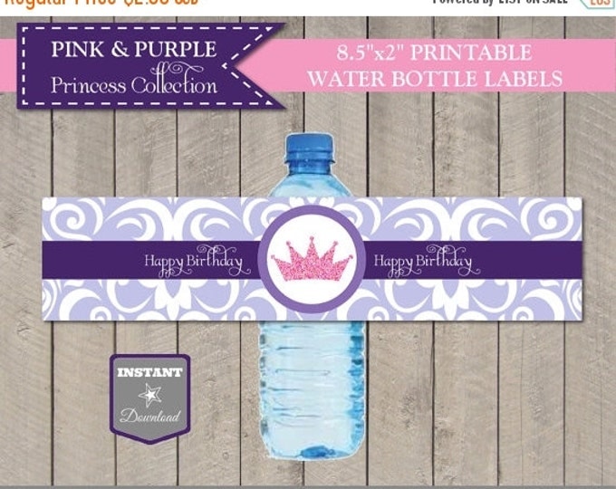 SALE INSTANT DOWNLOAD Princess Happy Birthday Water Bottle Labels / Printable / Crown / Pink and Purple Princess Collection / Item #304