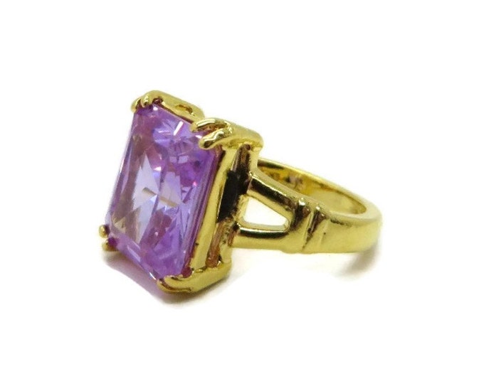 SETA Amethyst CZ Ring, Vintage Gold Plated Ring, Emerald Cut CZ, Size 5