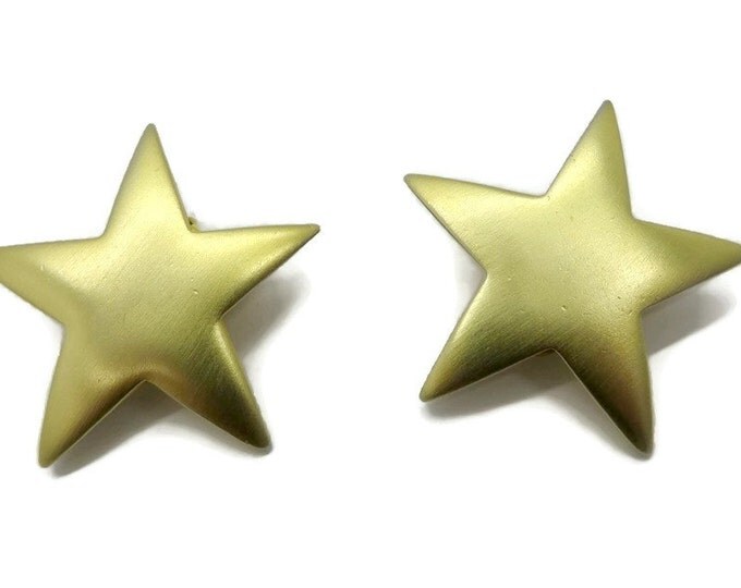 Vintage Gold Star Earrings, Matte Gold Tone Clip-on Earrings, Christmas Earrings
