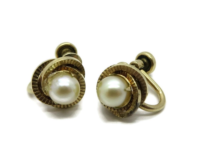 A&Z Faux Pearl Gold Filled Earrings, Vintage Screw Back Earrings