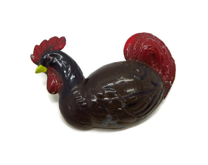 Vintage Ceramic Rooster Brooch, Brown, Red and Yellow Enameled Rooster Pin