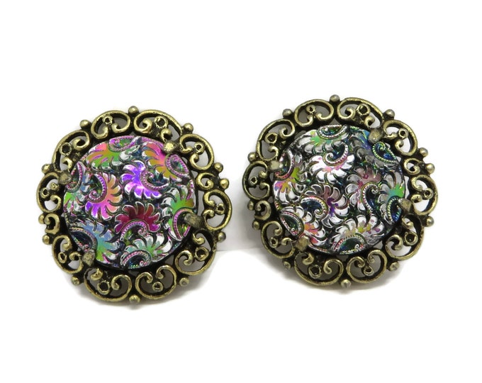 Judy Lee Iridescent Earrings - Vintage Signed Designer Gold Tone Flower Swirl Clip-ons, Gift for Her, Gift Boxed