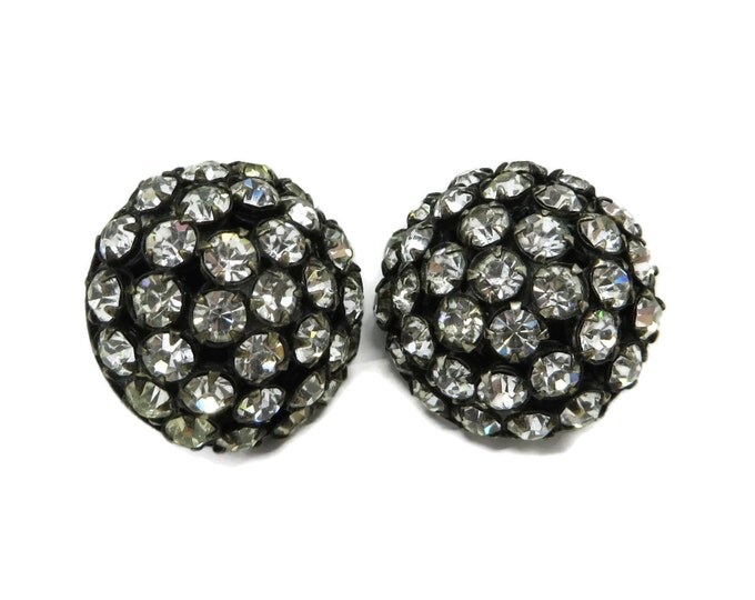 Sandor Rhinestone Button Earrings - Vintage Black Domed Rhinestone Button Clip-on Earrings