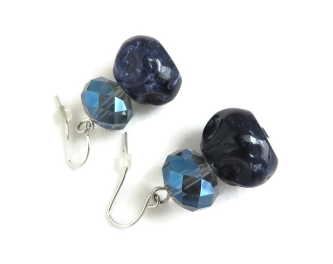 Blue Pierced Dangles, Vintage Pierced Earrings, Dangling Bead Earrings, Silvertone Wires
