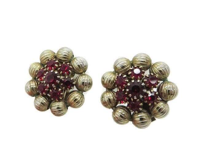 Rhinestone Earrings, Ruby Red Earrings, Weiss Earrings, Vintage Gold Tone Flower Signed Designer Clip-on Earrings Rhinestone Earrings, Ruby Red Earrings, Weiss Earrings, Vintage Gold Tone Flower Signed Designer Clip-on Earrings