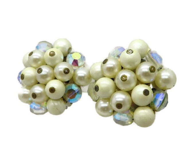 Laguna White Cluster Bead Earrings, Vintage Faux Pearl Rhinestone Clip-ons