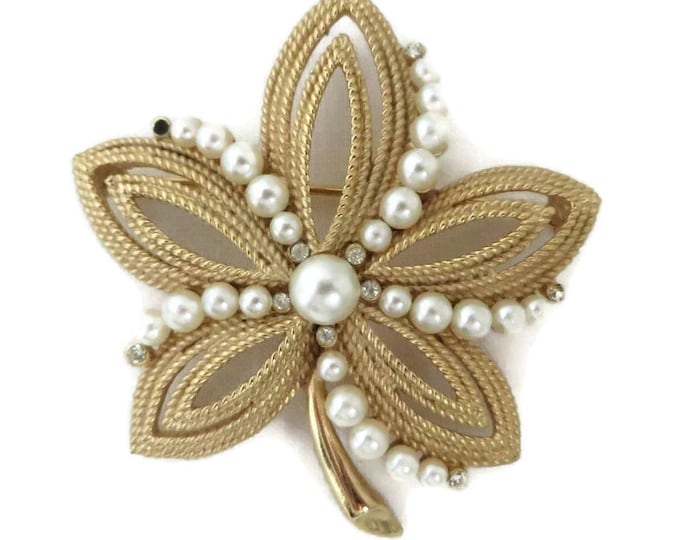 Trifari Flower Brooch, Vintage Gold Tone Faux Pearl Pin, Five Leaf Signed Trifari Jewelry