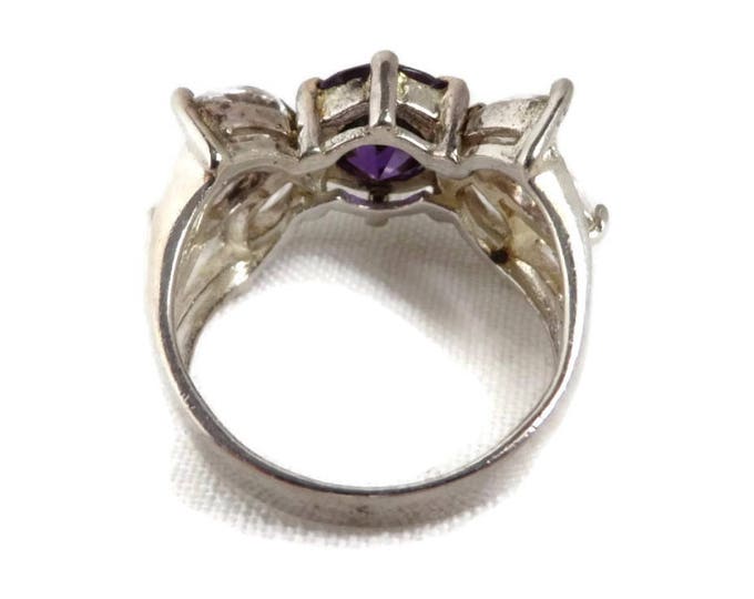 Amethyst Sterling Silver Ring, Vintage Amethyst, CZ Cocktail Ring Runway Costume Jewelry Gift Idea Size 6